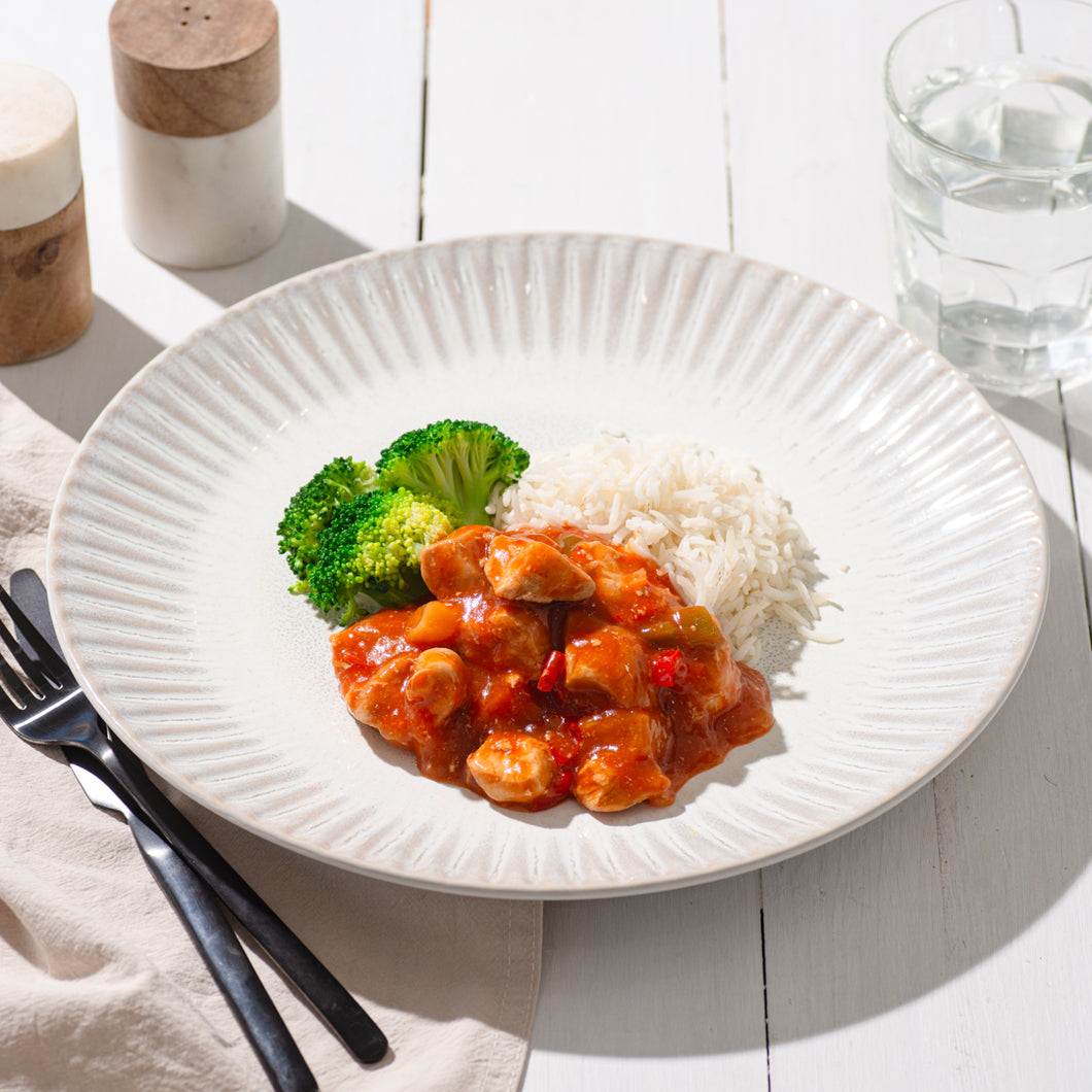 Sweet and Sour Chicken with Rice and Broccoli