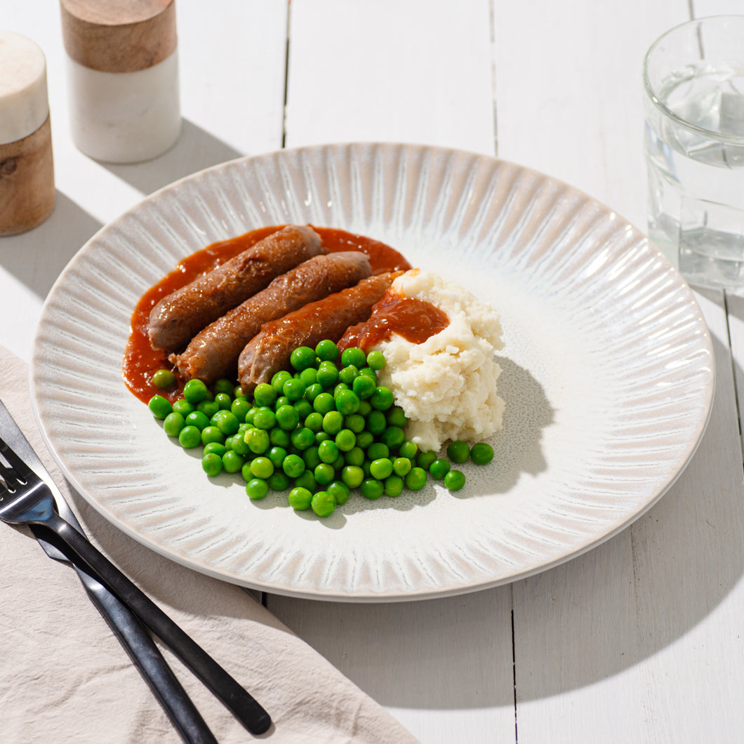 Sausages with Tomato & Onion, Mash Potato and Peas