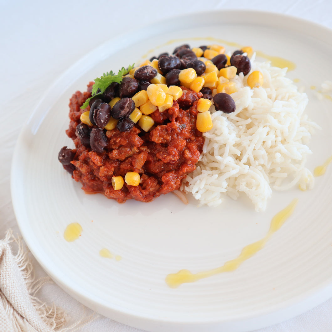 Chilli con Carne with Kidney Beans, Corn, Black Beans and Rice