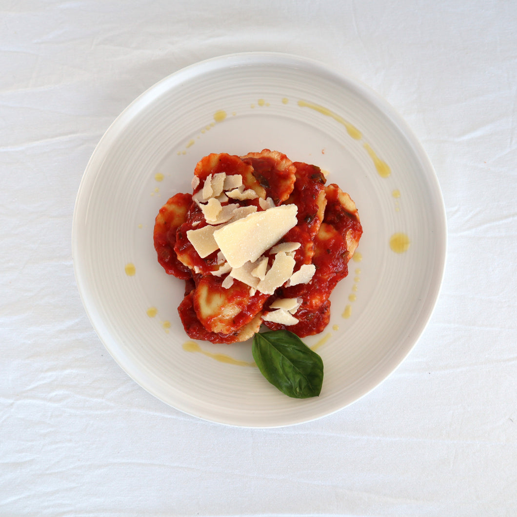 Spinach and Ricotta Ravioli with Napolitana Sauce and Shaved Parmesan