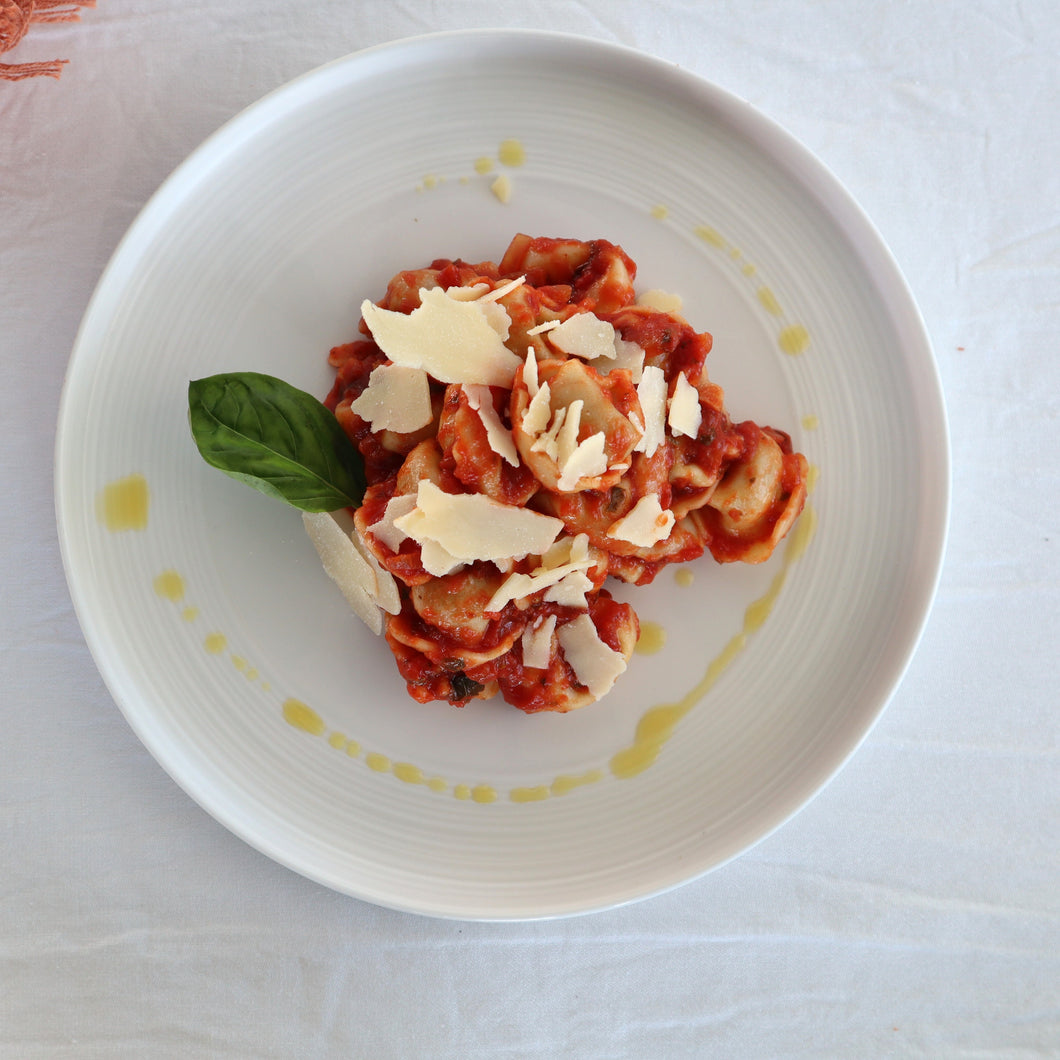 Beef Tortellini with Napolitana Sauce and Shaved Parmesan