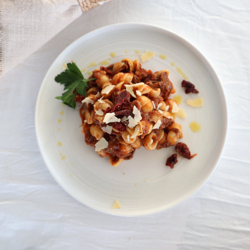 Slow Cooked Lamb with Beef and Orichette Pasta sprinkled with Sundried Tomato