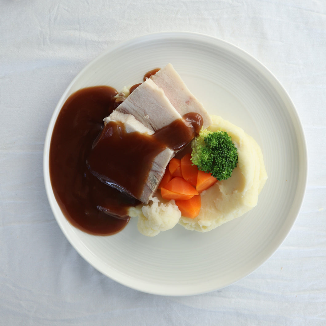 Tender Pork Belly with Mash Potato, Seasonal Vegetables and Gravy