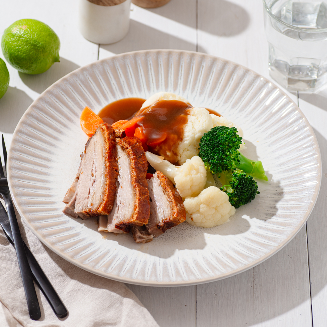 Tender Pork Belly with Mash Potato, Seasonal Vegetables and Gravy