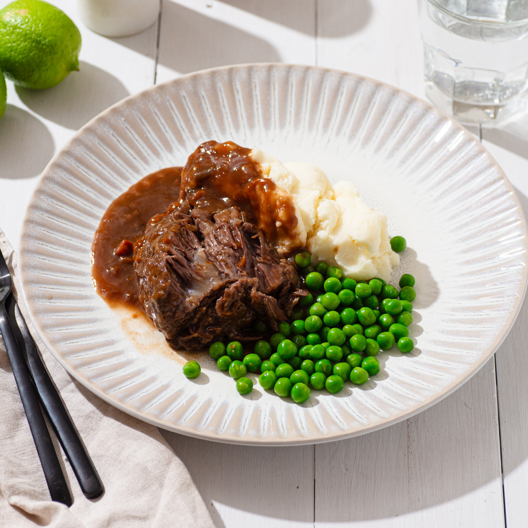 Slow Cooked Beef Cheek in Red Wine Gravy with Creamy Mash Potato and Peas