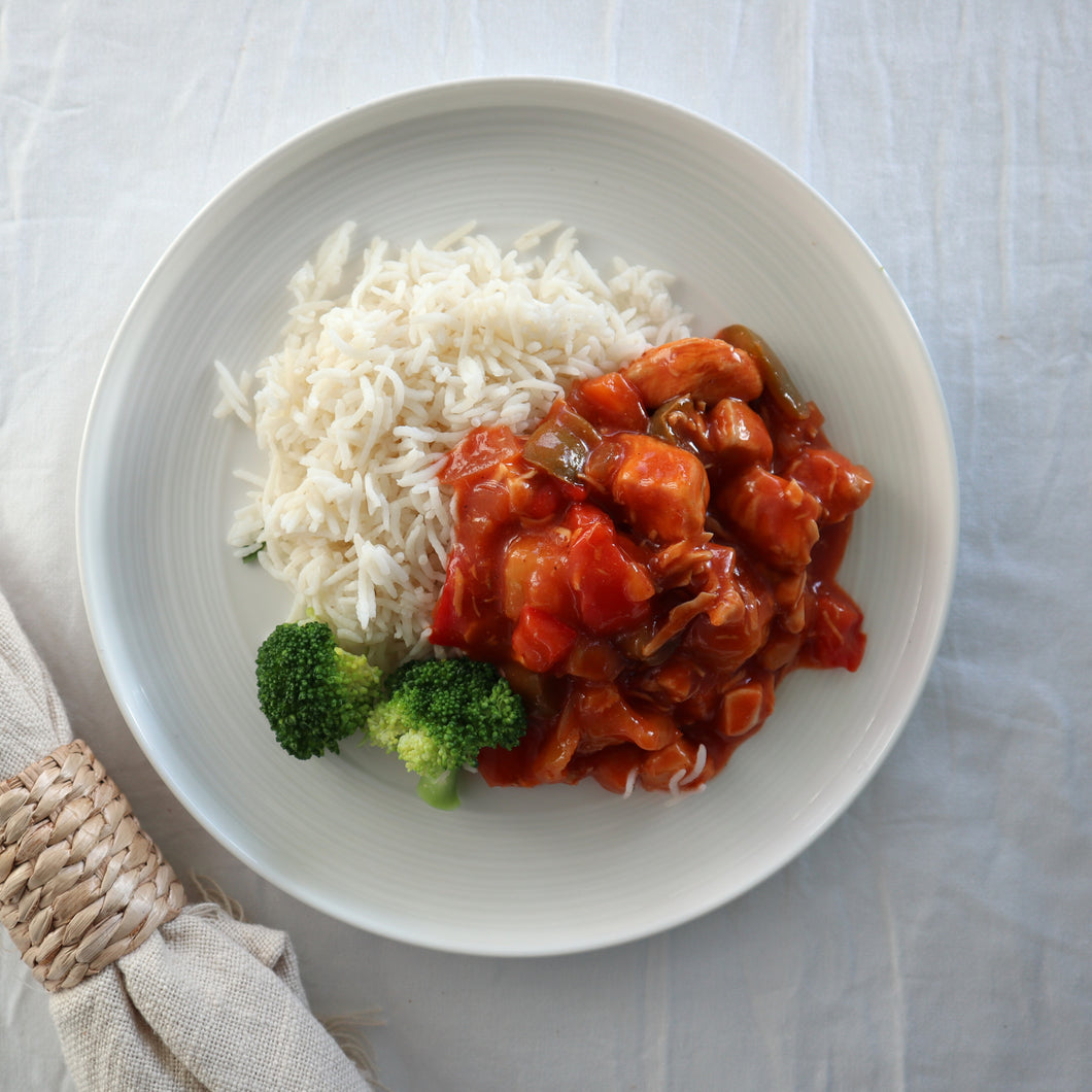 Sweet and Sour Chicken with Rice and Broccoli